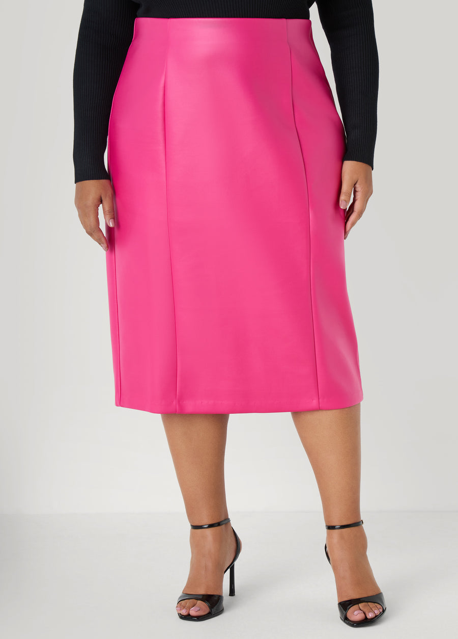 Plus Size Pink Leather Midi Skirt Pull On Skirt