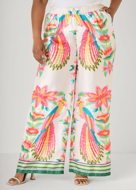 Parrot Print Satin Wide Leg Pants