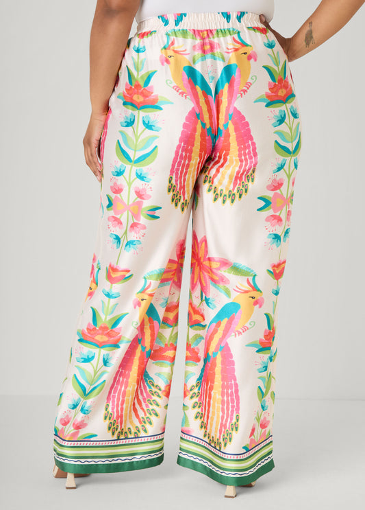 Parrot Print Satin Wide Leg Pants