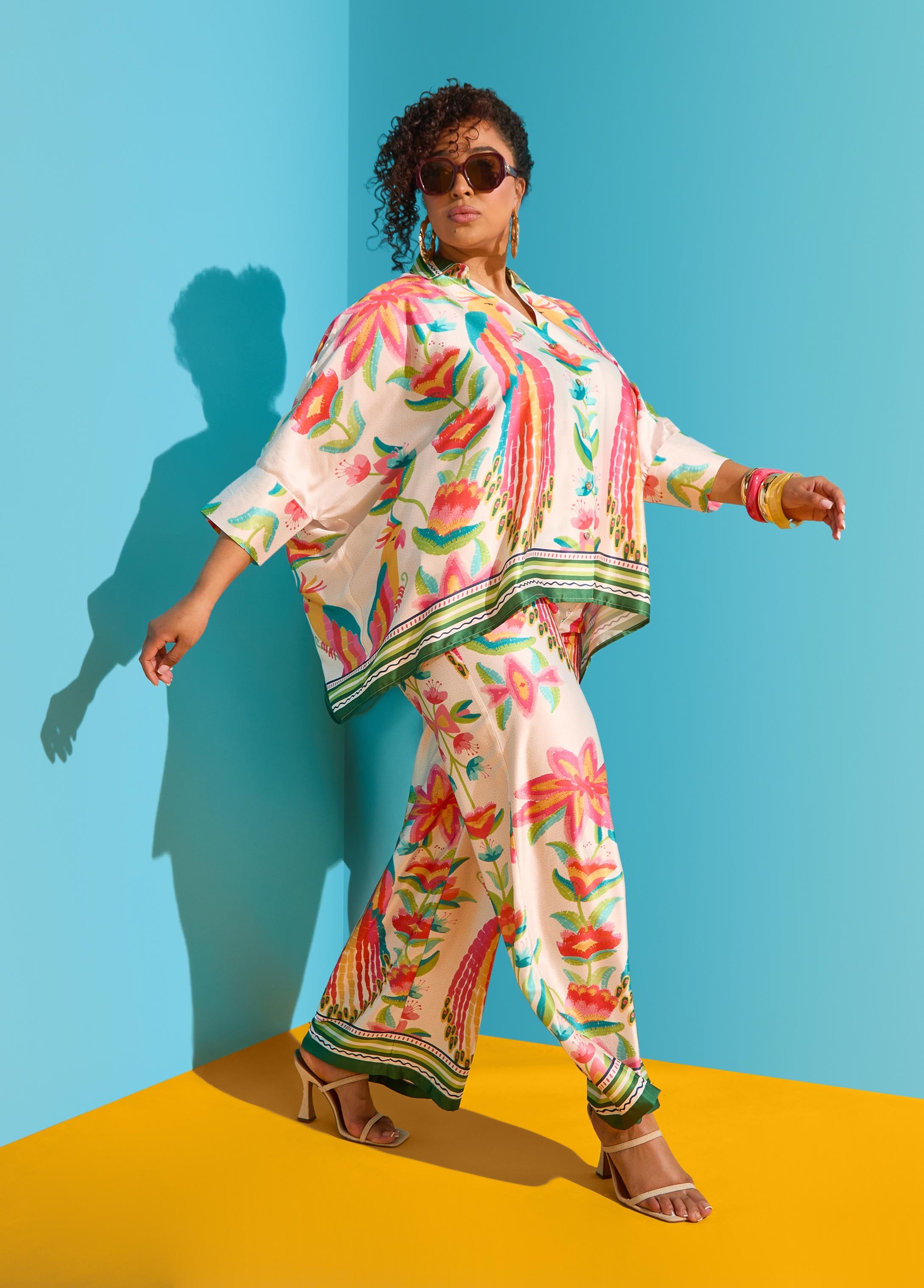 Parrot Print Satin Wide Leg Pants