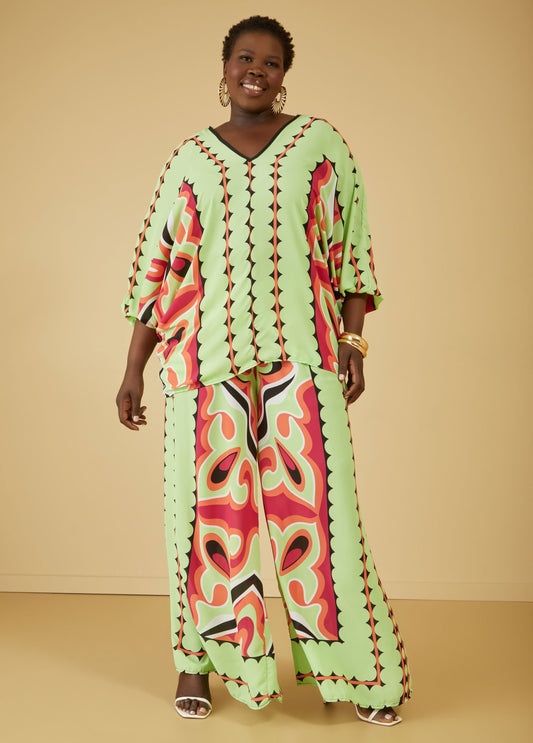Plus Size abstract wide leg pants plus size two piece summer set