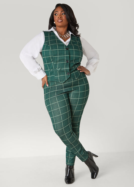 Plus Size Green Plaid Leggings Wide Leg Knit Pants Matching Set