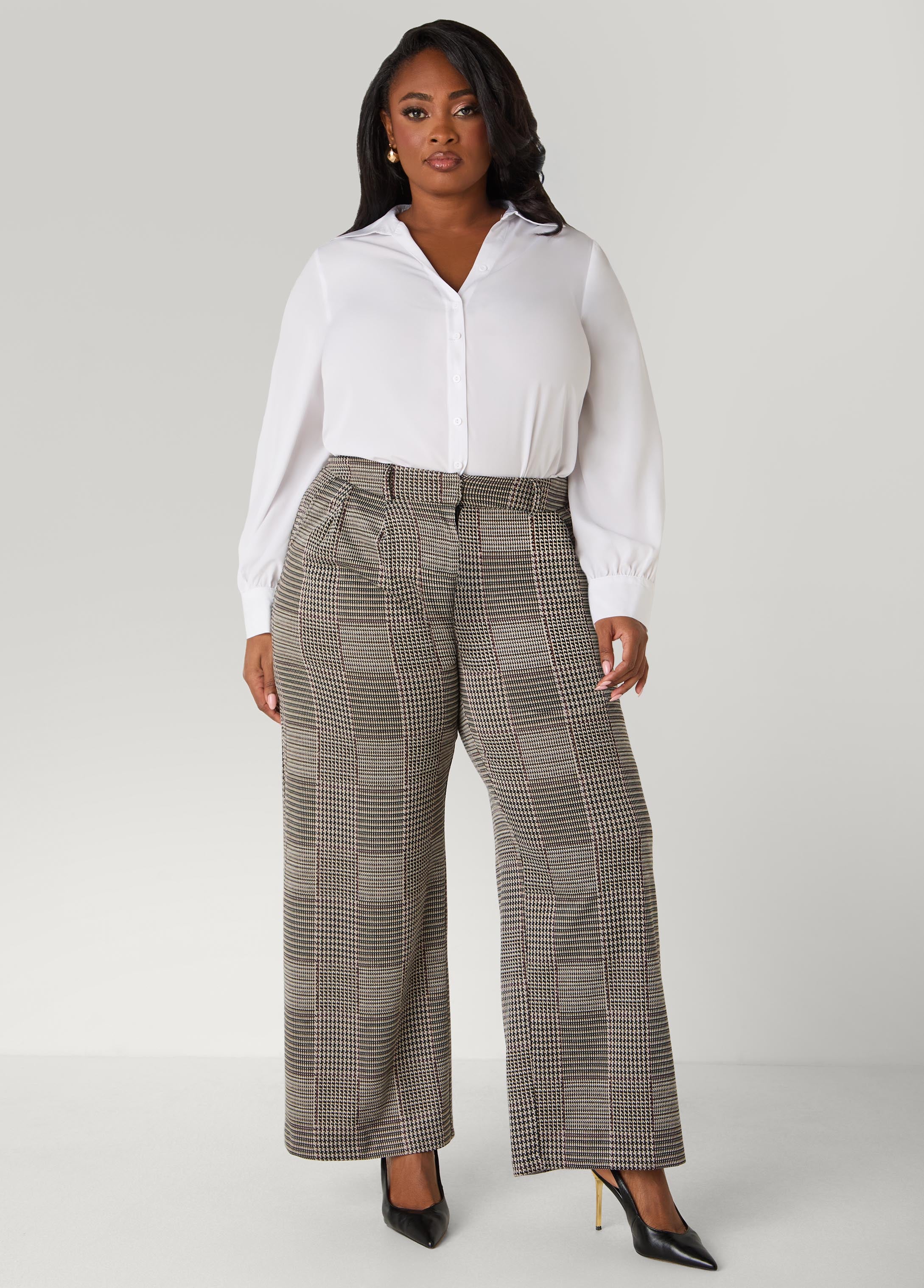 Plus Size Pleated Plaid Wide Leg Pants