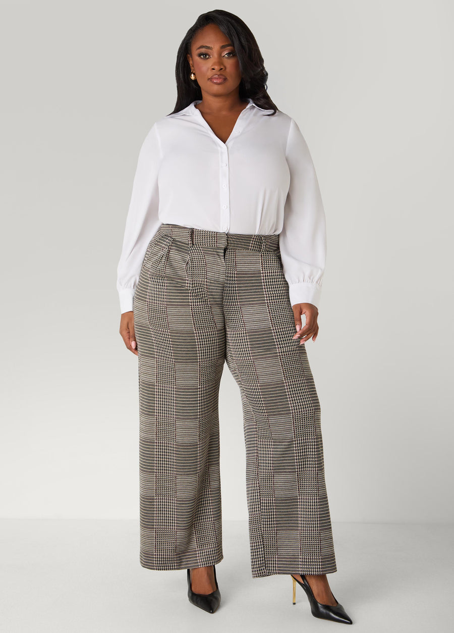 Plus Size Pleated Plaid Wide Leg Pants