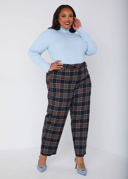 Plus Size Tapered Plaid Ankle Pants Relaxed Fit Work Dress Pants