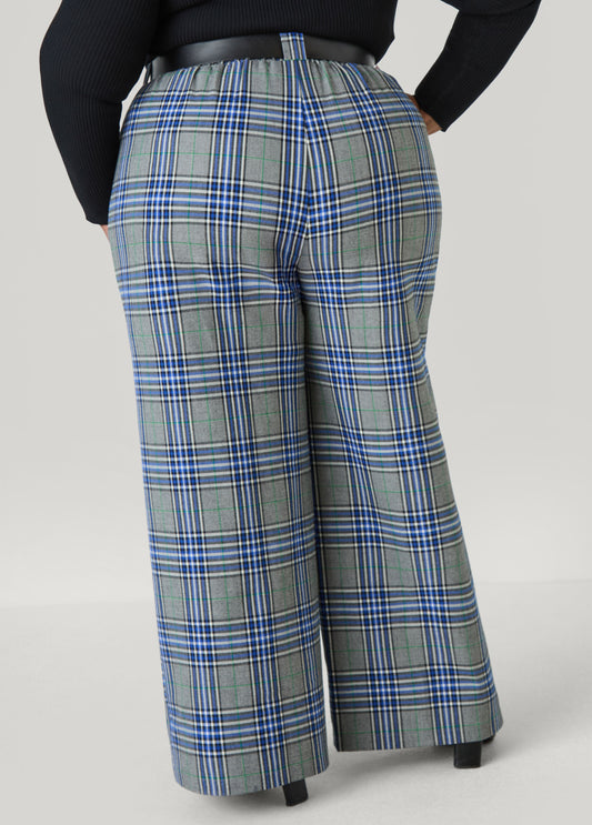 Belted Wide Leg Plaid Trousers