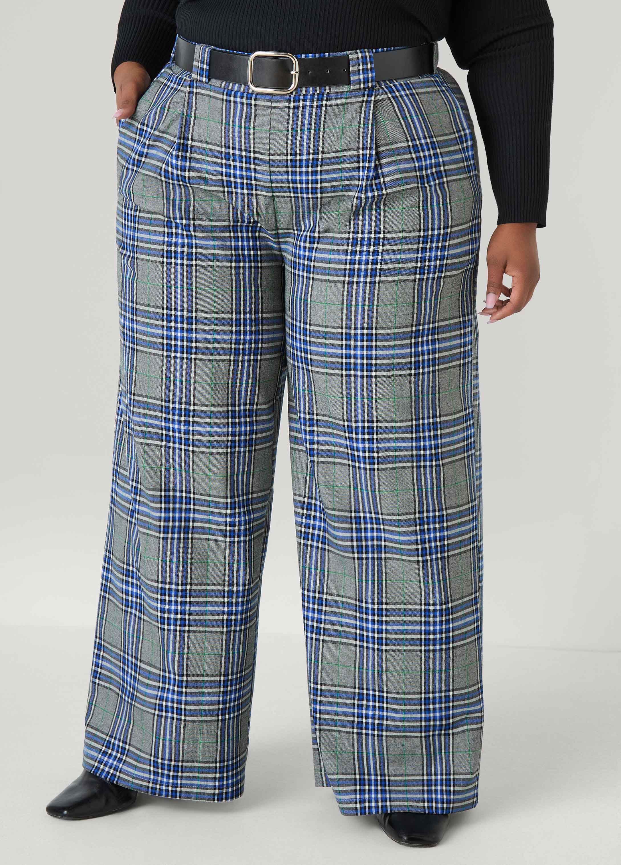 Plus Size Belted Wide Leg Plaid Trousers