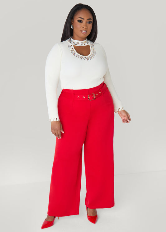 Belted Ponte Straight Leg Pants