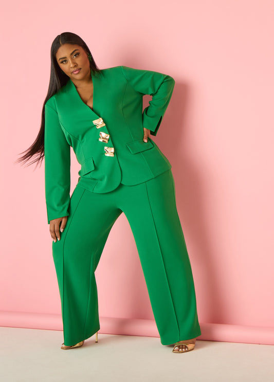 Plus Size Green Trousers Power Pants Suit Two Piece Matching Set