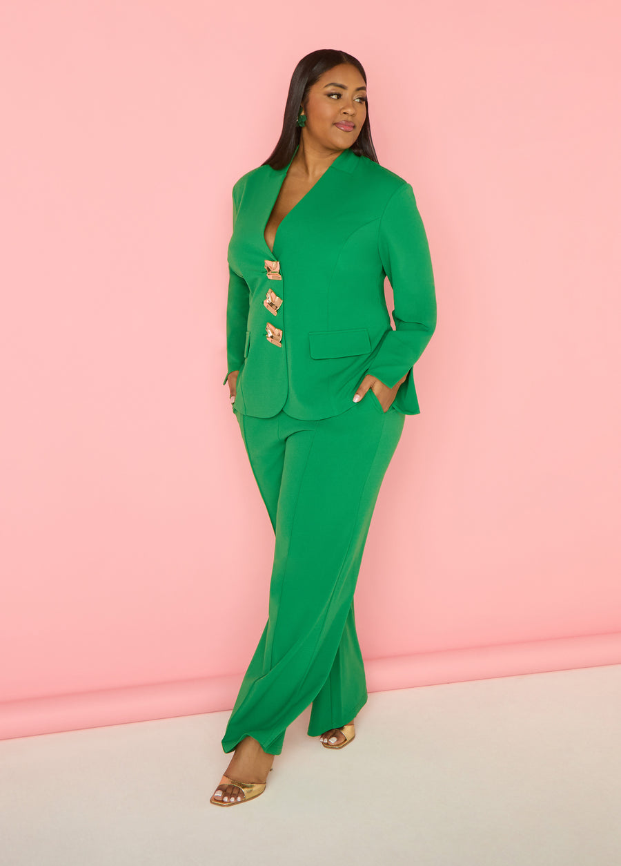 Plus Size Green Trousers Power Pants Suit Two Piece Matching Set