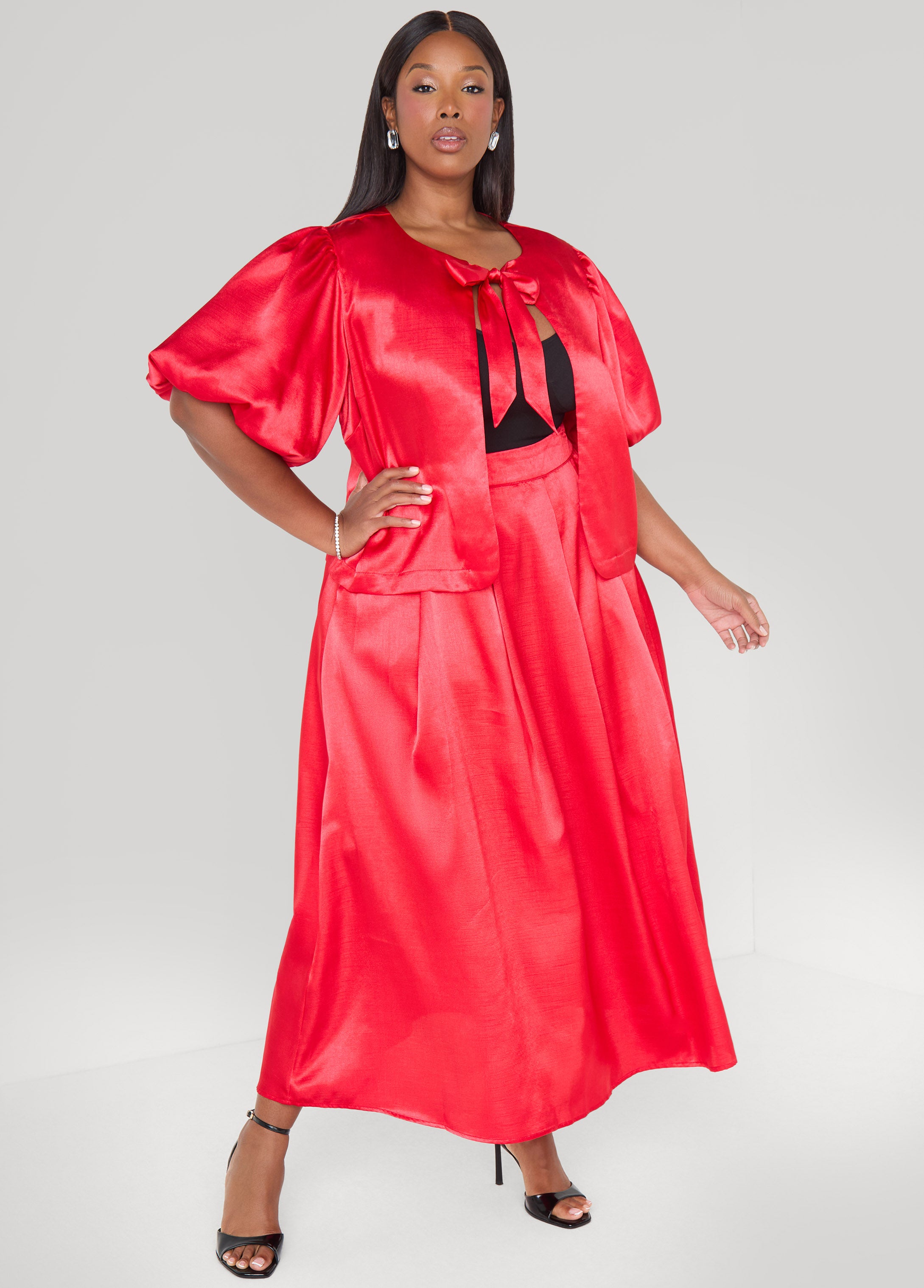 Plus Size Satin Maxi Skirt Holiday Fashion Matching Two Piece Set