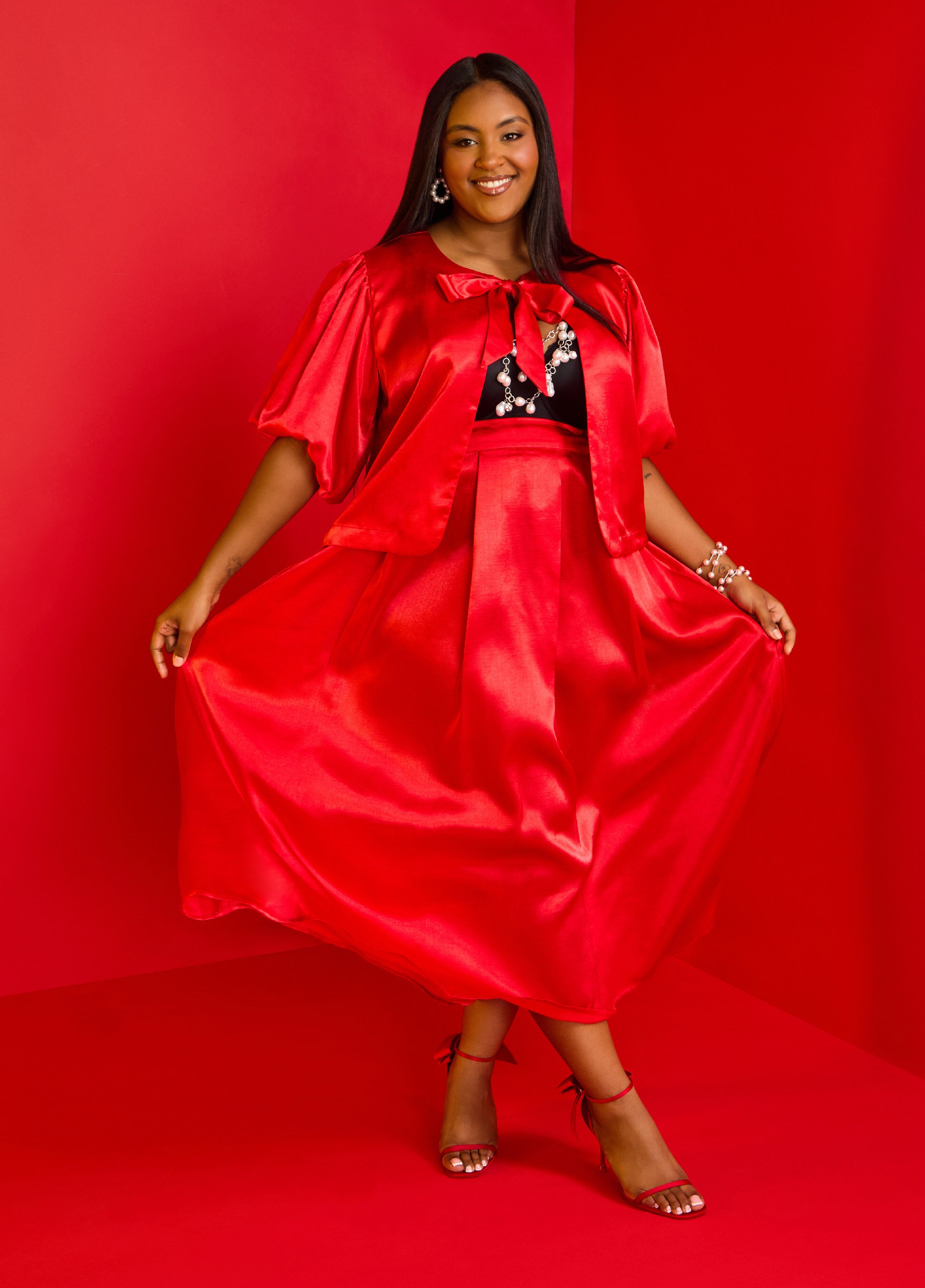 Plus Size Satin Maxi Skirt Holiday Fashion Matching Two Piece Set