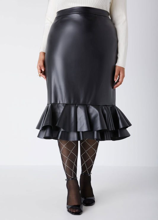 Plus Size High Waist Faux Leather Skirt Sexy Flirty Midi Skirts