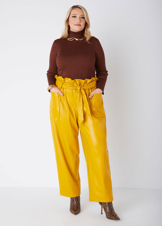 Plus Size faux leather pants trendy plus size wide leg paper bag pants