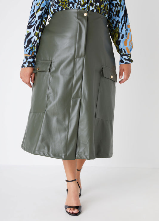 Plus Size Cargo Vegan Leather Skirt Midi Skirt Plus Size Fall Fashion