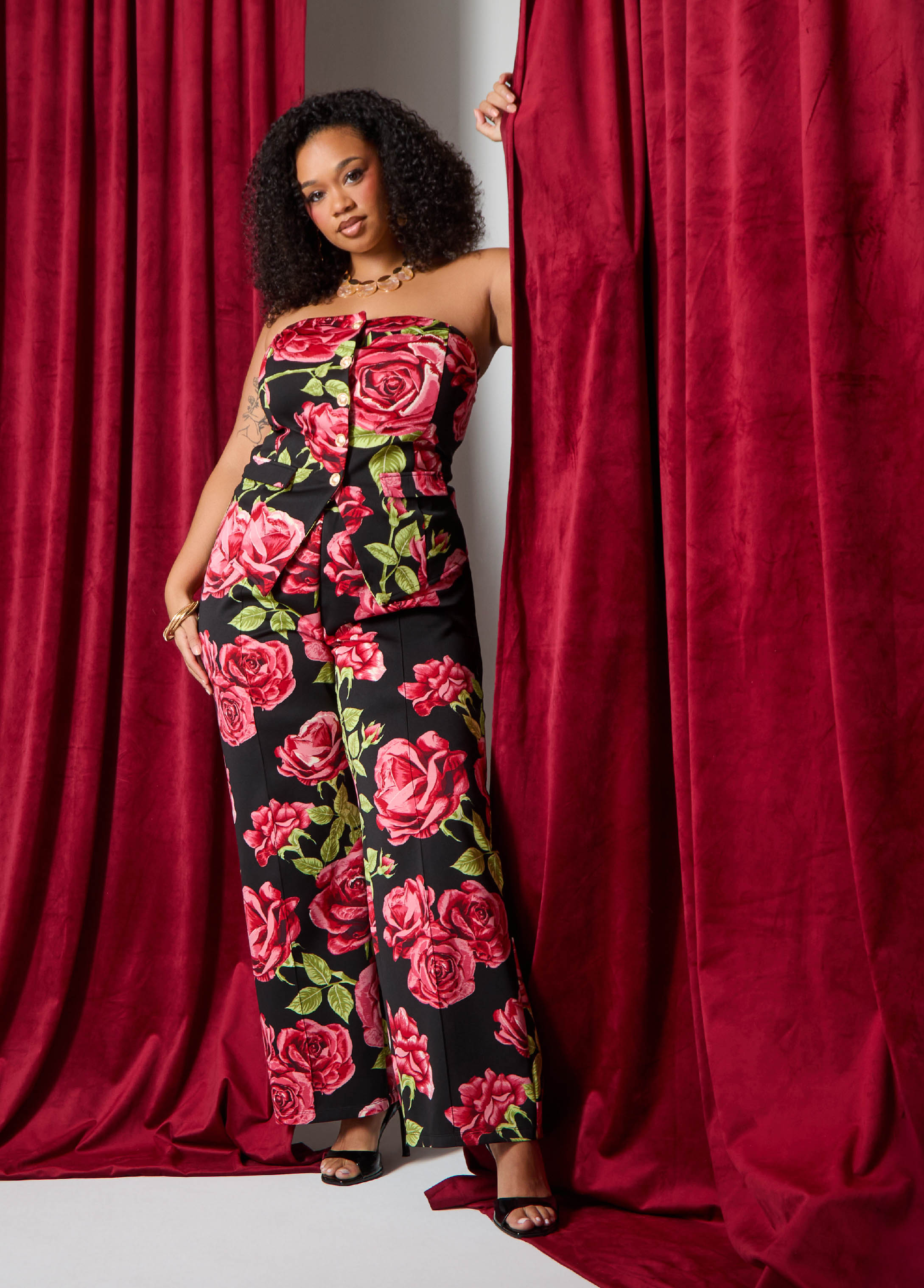 Plus Size Rose Wide Leg Pants Top Trousers Two Piece Set
