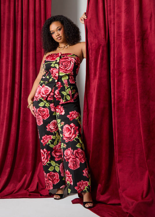 Plus Size Rose Wide Leg Pants Top Trousers Two Piece Set