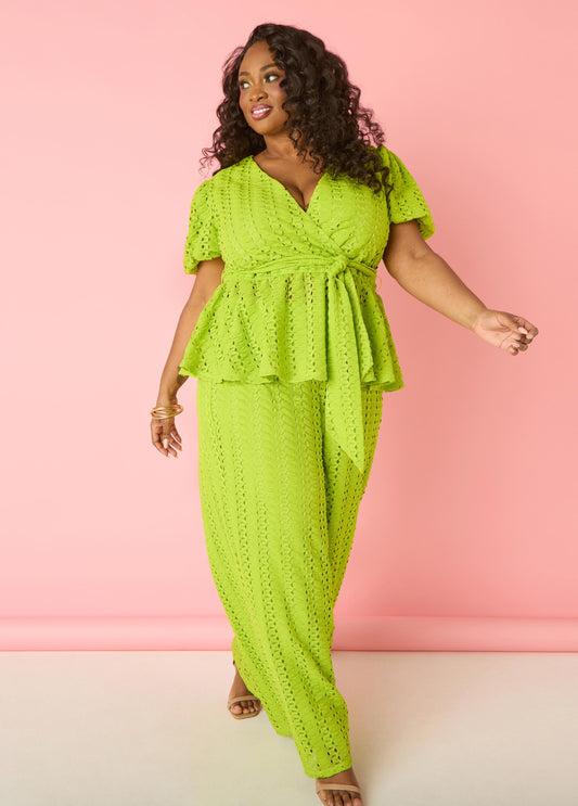 Plus Size textured knit pants wide leg trousers green matching set