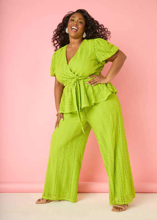 Plus Size textured knit pants wide leg trousers green matching set