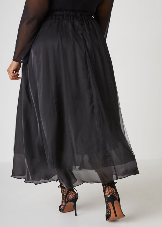 Twill Paneled Mesh Maxi Skirt