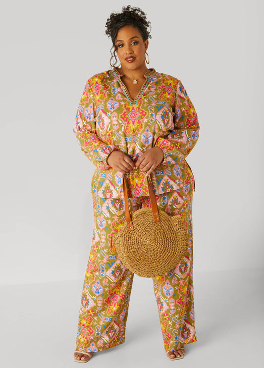 Plus Size Abstract Print Wide Leg Pants