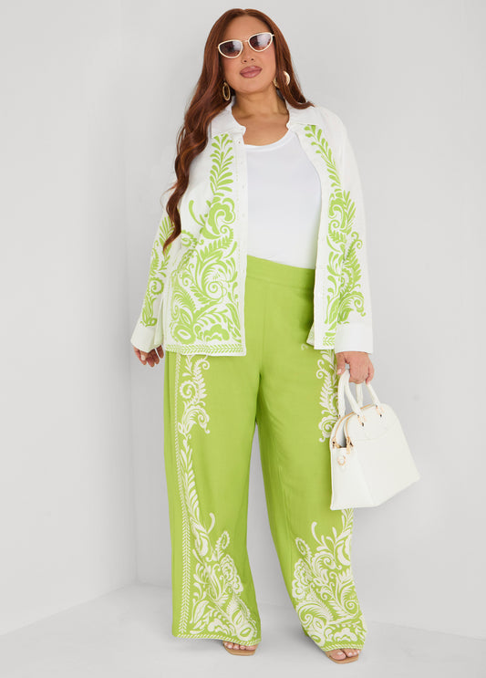 Leaf Print Linen Blend Pants