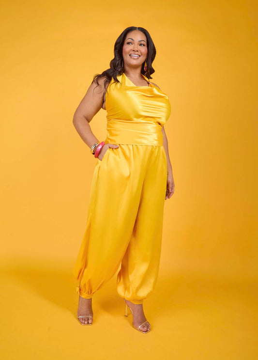 Plus Size Satin Yellow Balloon Pants Joggers Matching Fashion Set