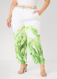 Plus Size Palm Print Satin Balloon Pants Joggers Two Piece Matching Set