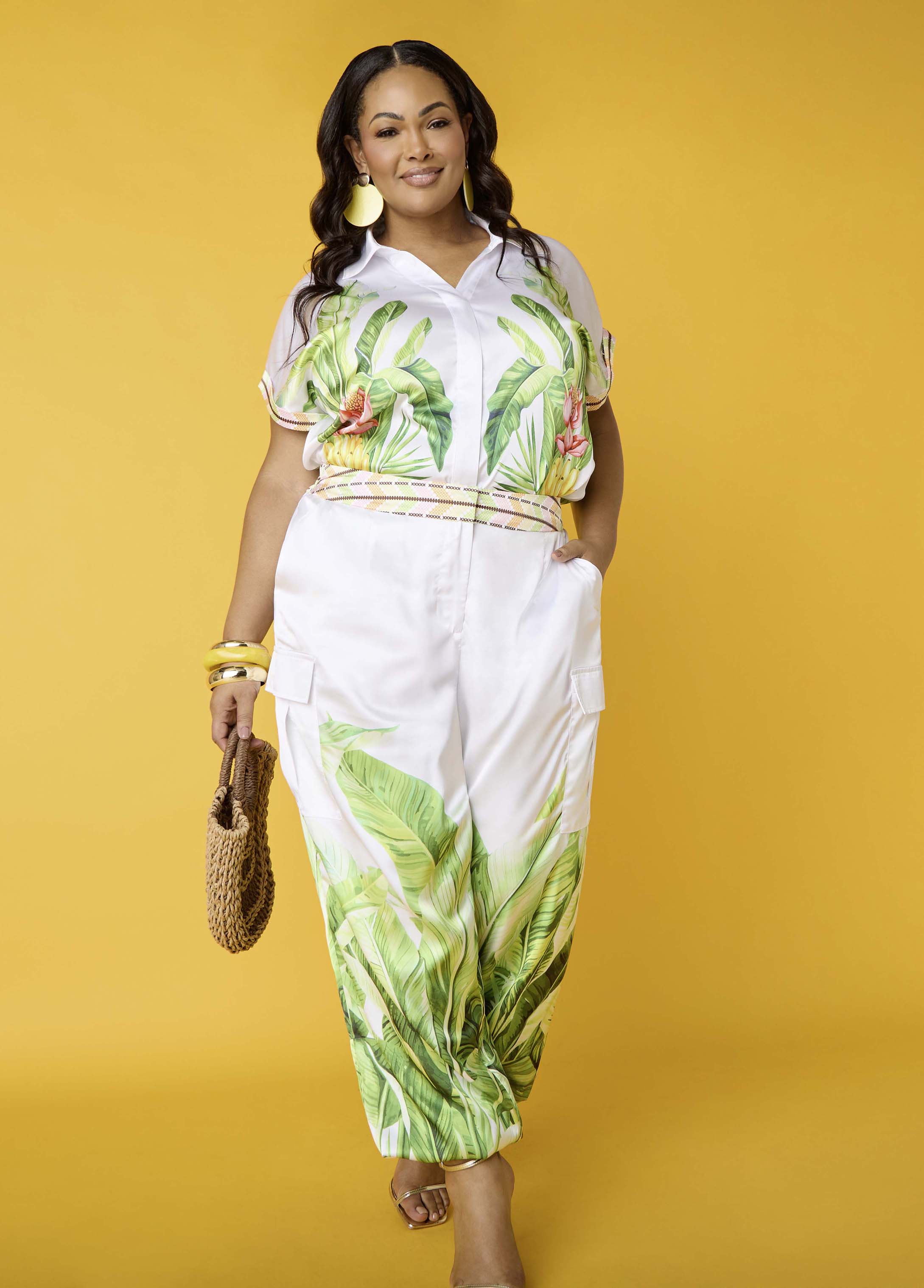 Plus Size Palm Print Satin Balloon Pants Joggers Two Piece Matching Set