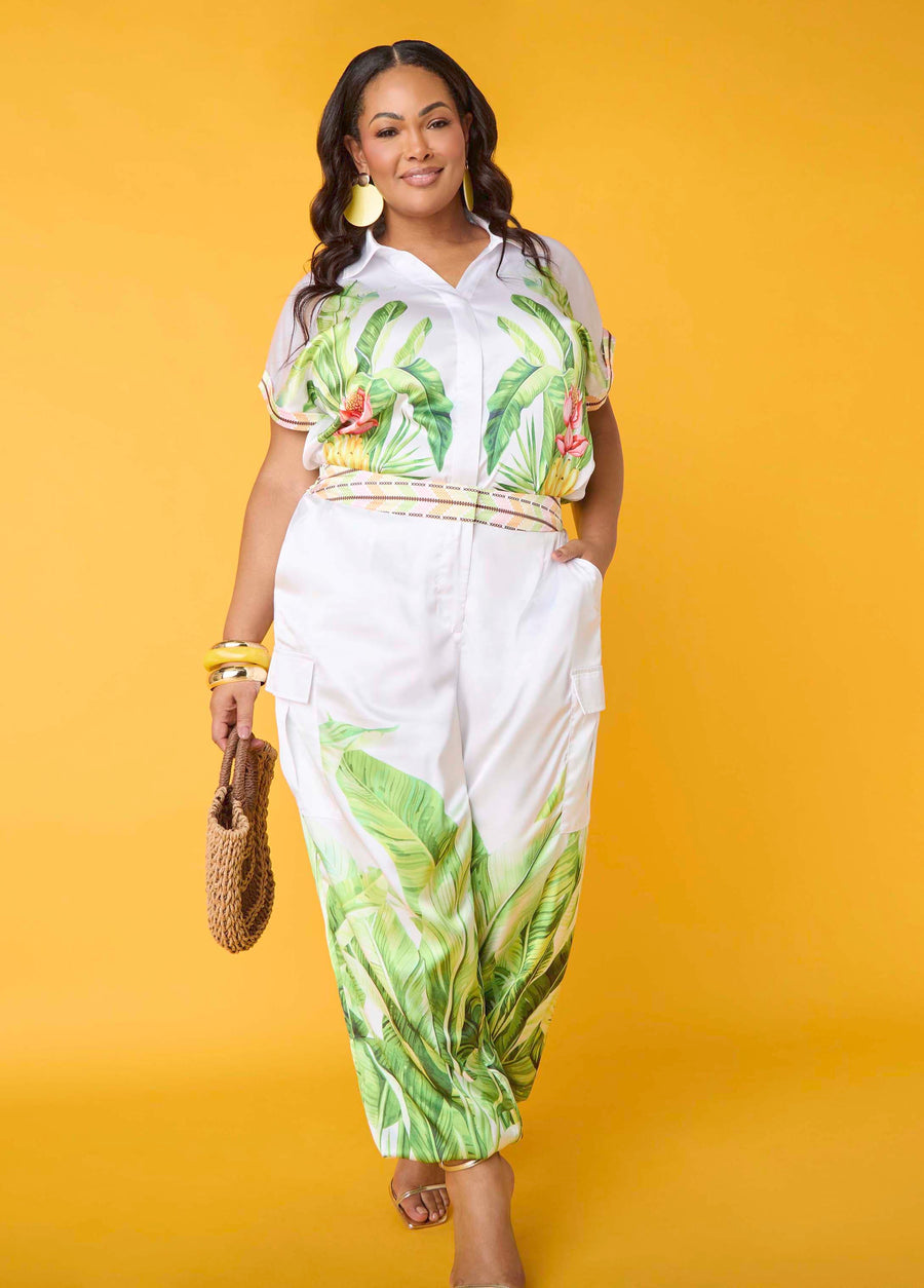 Plus Size Palm Print Satin Balloon Pants Joggers Two Piece Matching Set