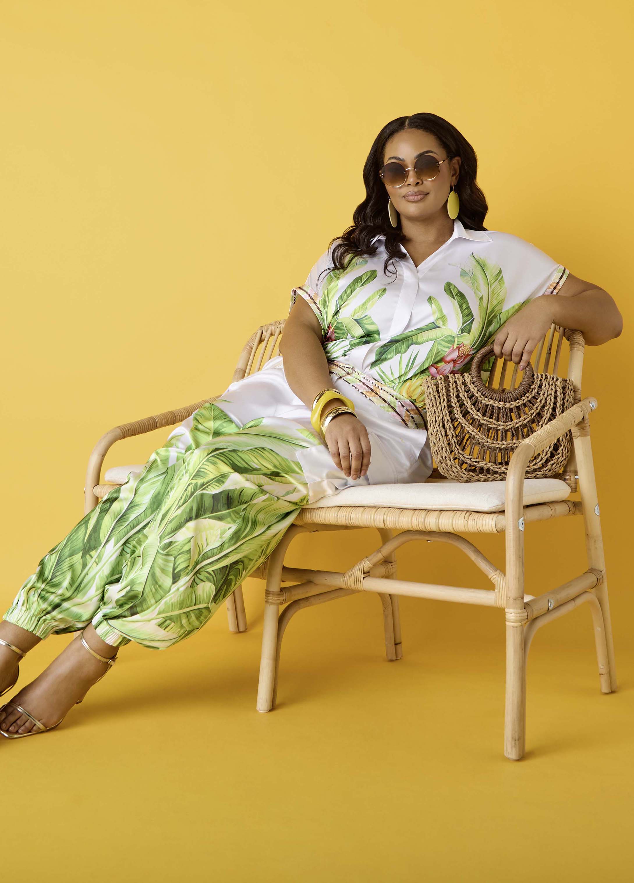 Plus Size Palm Print Satin Balloon Pants Joggers Two Piece Matching Set