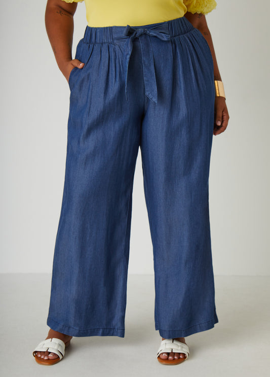 Plus Size Belted Chambray Wide Leg Pants