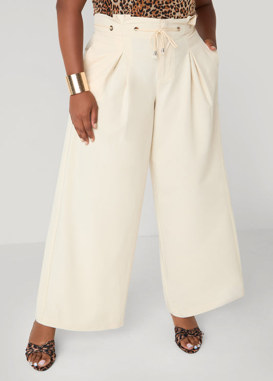 Plus Size Belted Paperbag Wide Leg Pants