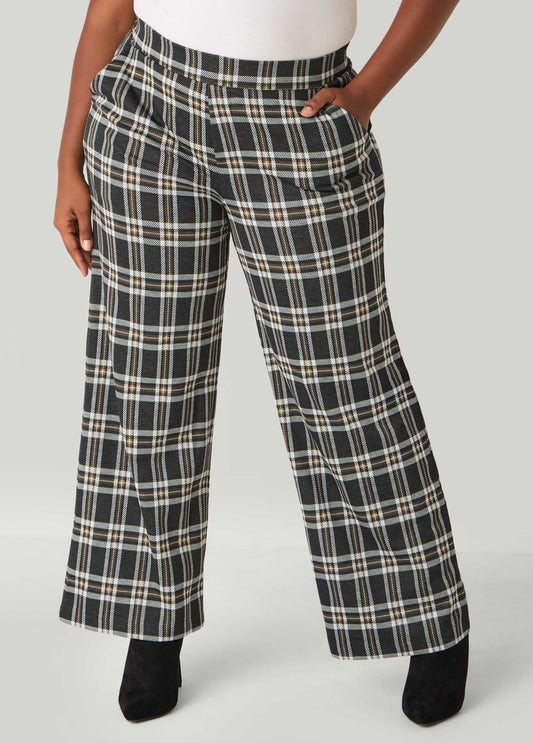Plus Size Plaid Pull On Wide Leg Pants