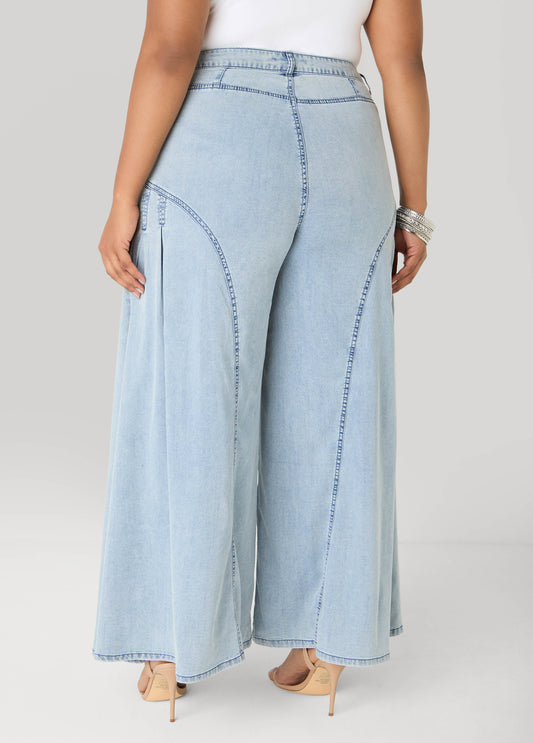 Pleated Wide Leg Chambray Pants