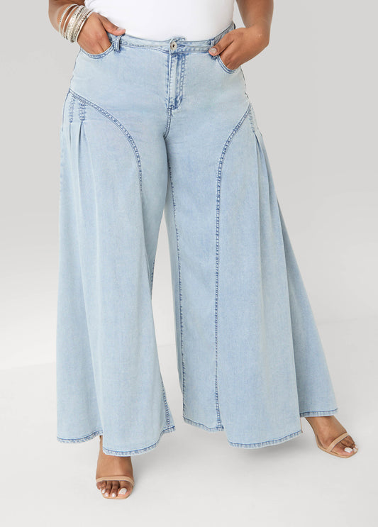 Pleated Wide Leg Chambray Pants