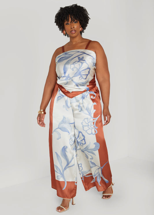Plus Size Scarf Satin Wide Leg Pants