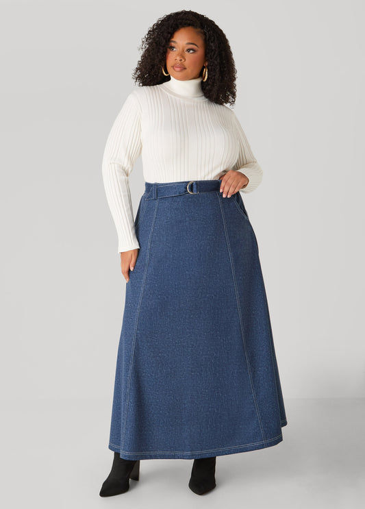 Denim Print Ponte Maxi Skirt
