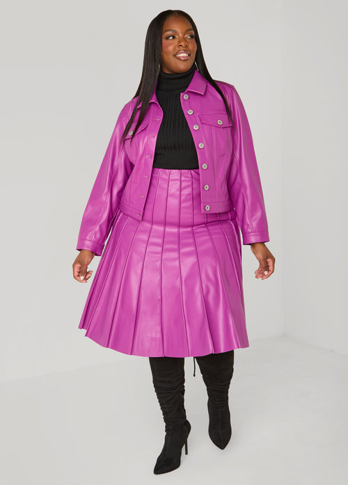 Pleated Faux Leather A Line Skirt