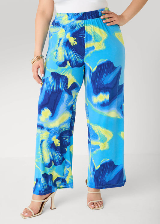 Tropical Print Wide Leg Pants