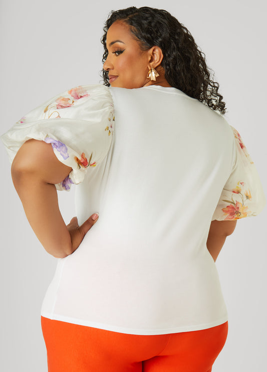 Floral Print Paneled Jersey Top