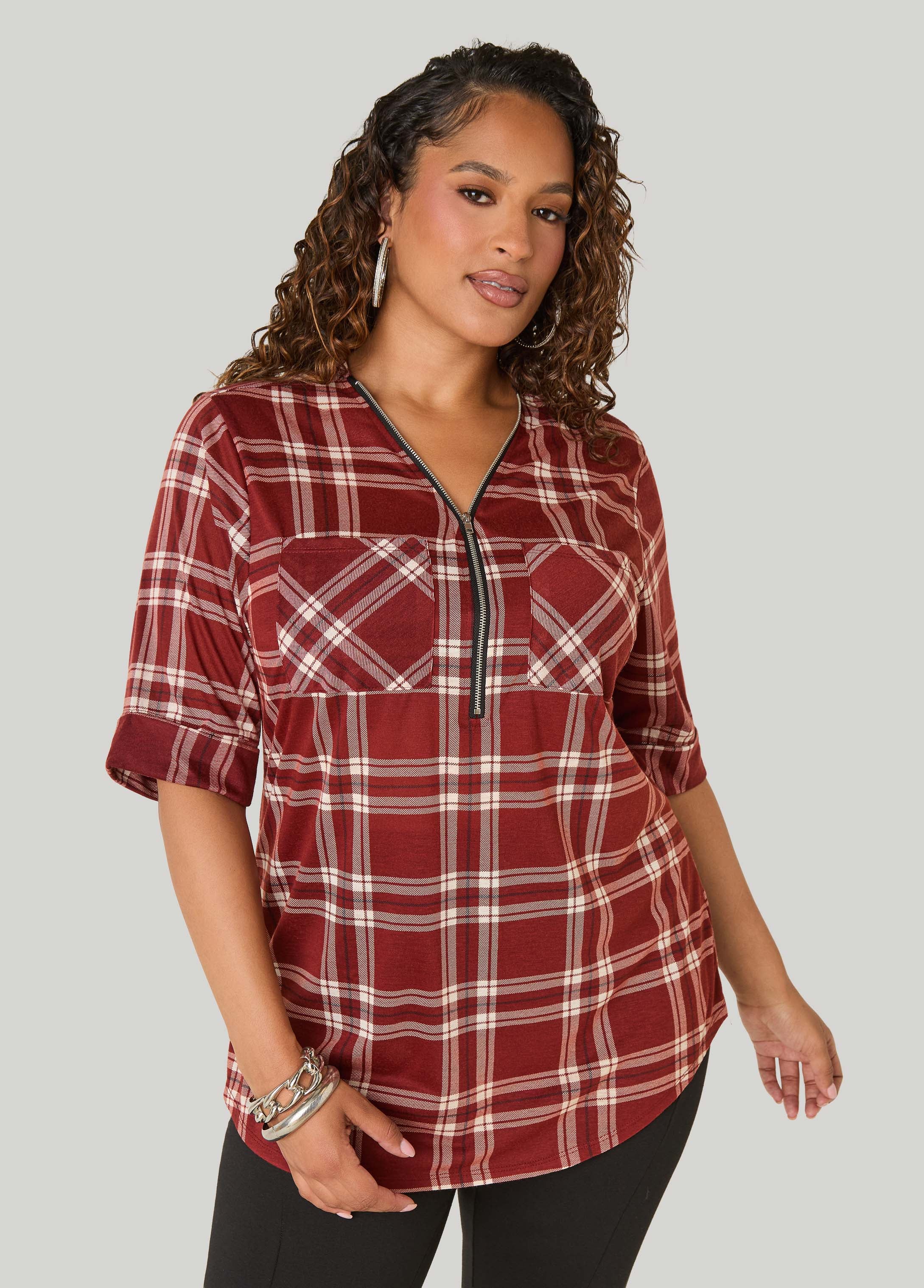 Zip Front Plaid Top