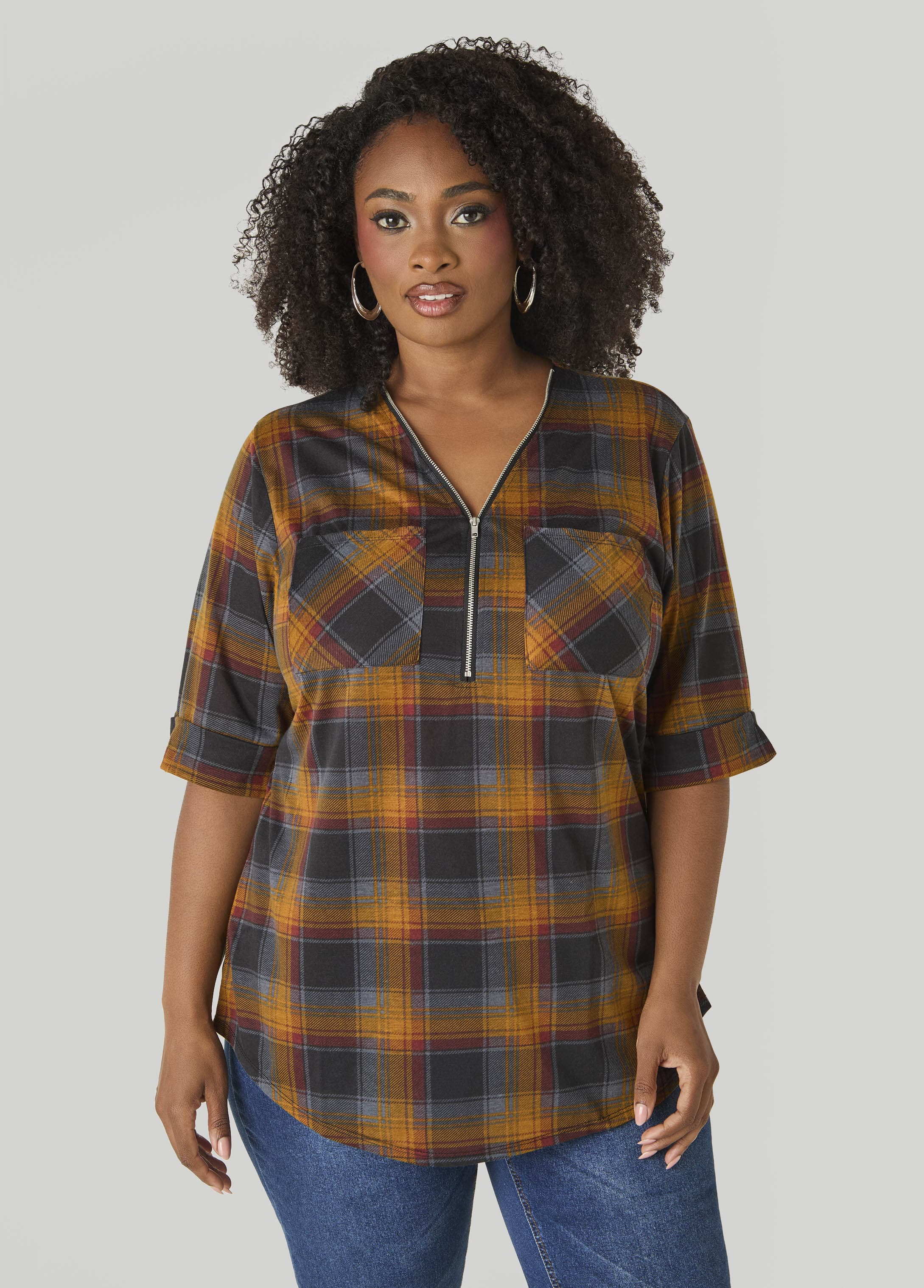 Plaid Zip Front Top