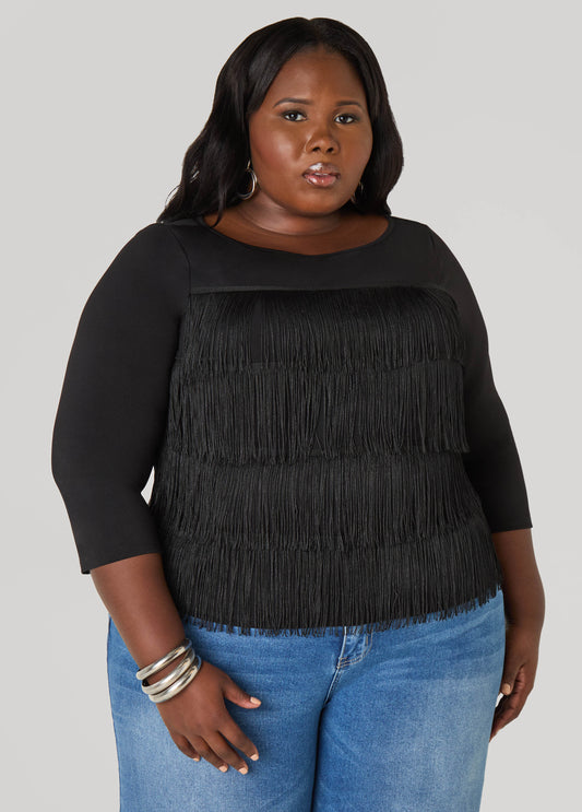 Plus Size Fringed Stretch Knit Top