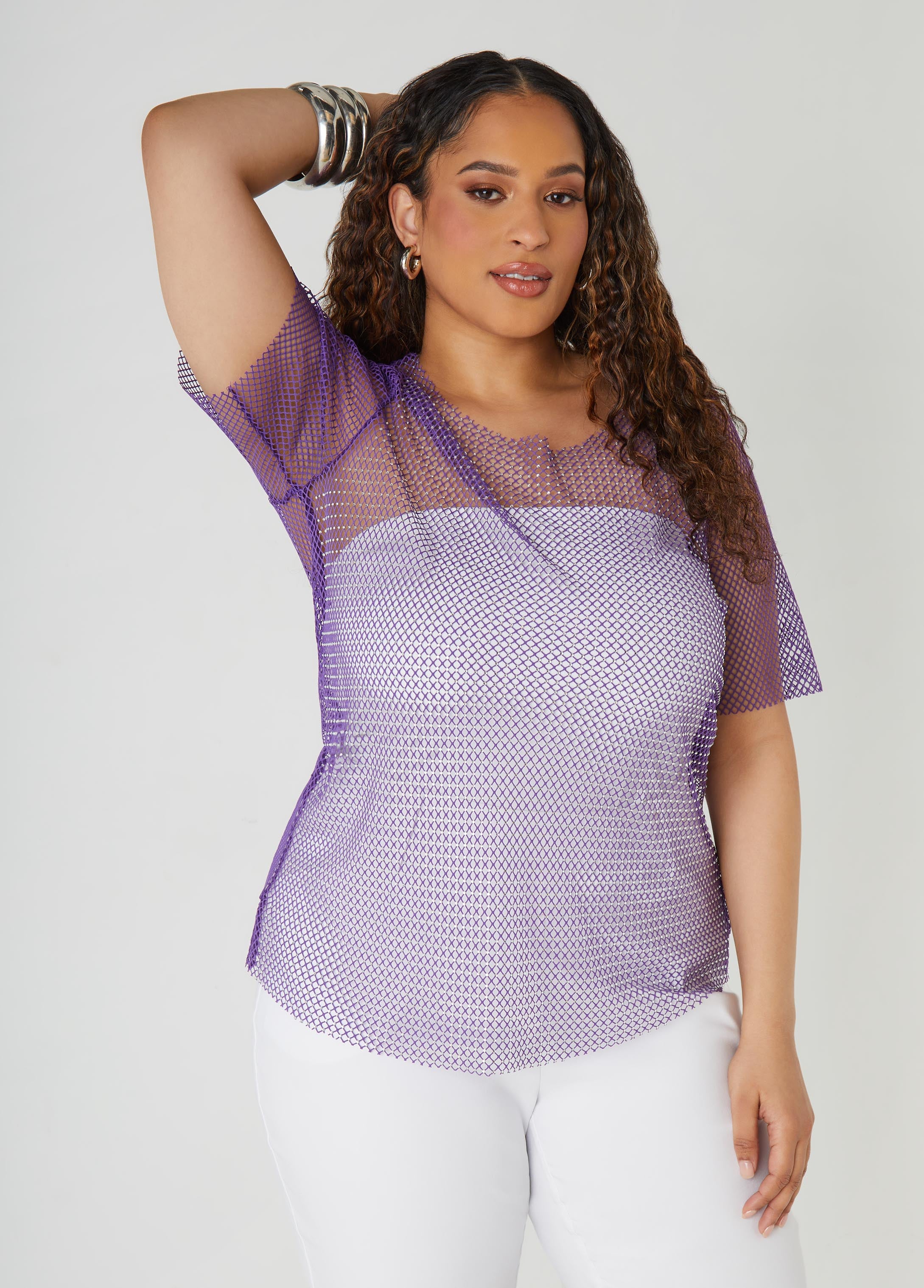 Plus SizeCrystal Embellished Fishnet Tee