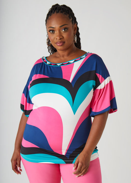Plus Size Balloon Sleeved Abstract Top