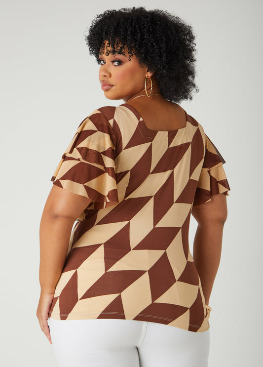 Tiered Sleeve Geo Print Top