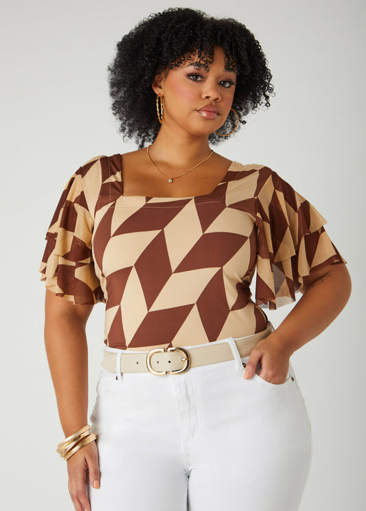 Plus Size Tiered Sleeve Geo Print Top