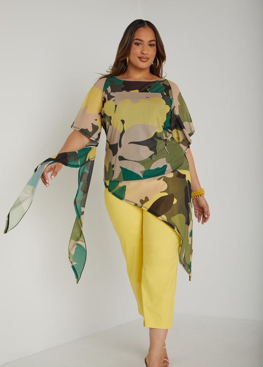 Plus Size Draped Sleeve Camo Print Mesh Top