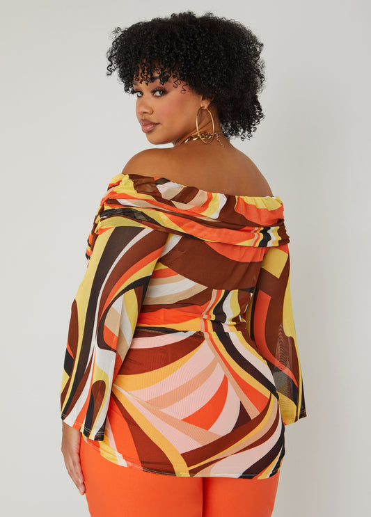 Off The Shoulder Printed Mesh Top